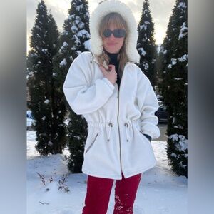 Women's White Fleece Jacket with Faux Fur Hood